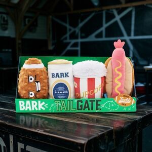 Bark Box Tailgate Plush Dog Toys Football Beer Can Hot Dog & Popcorn Dog Toys